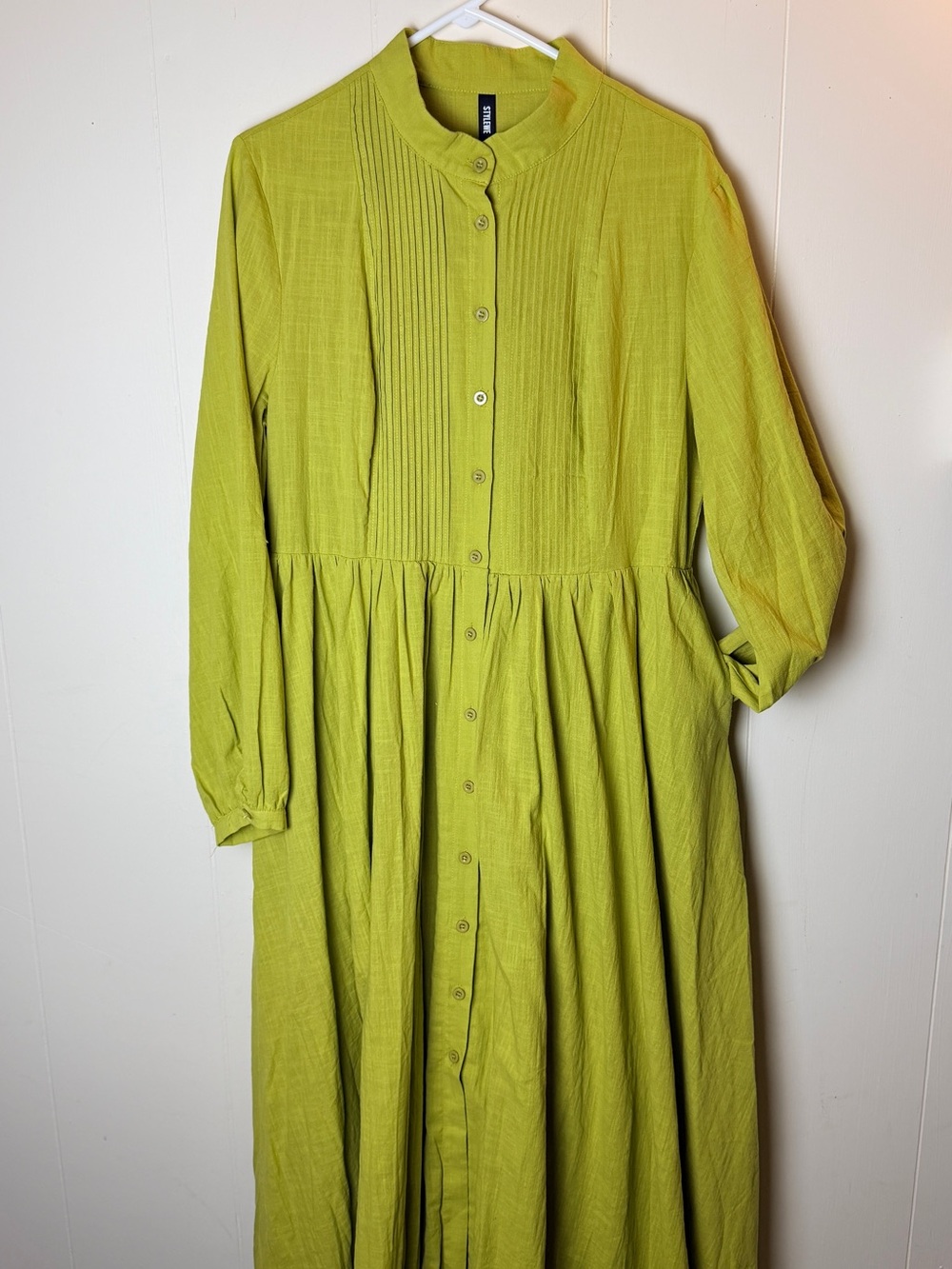 STYLEWE Lime Green Long-Sleeve Button-Front Pintuck Dress